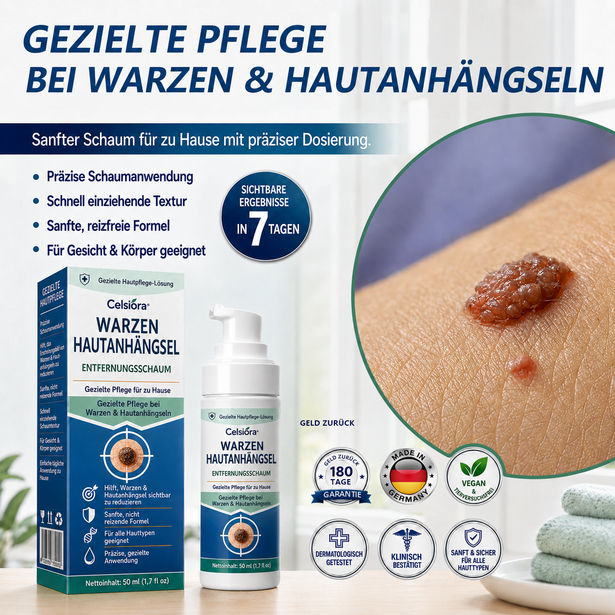 🇩🇪✨🌿 Celsiora® 7-Tage Warzen- & Hautanhängsel-Entfernungsschaum (Gezielte Pflege bei Warzen, Hautanhängseln & unebenem Hautbild)